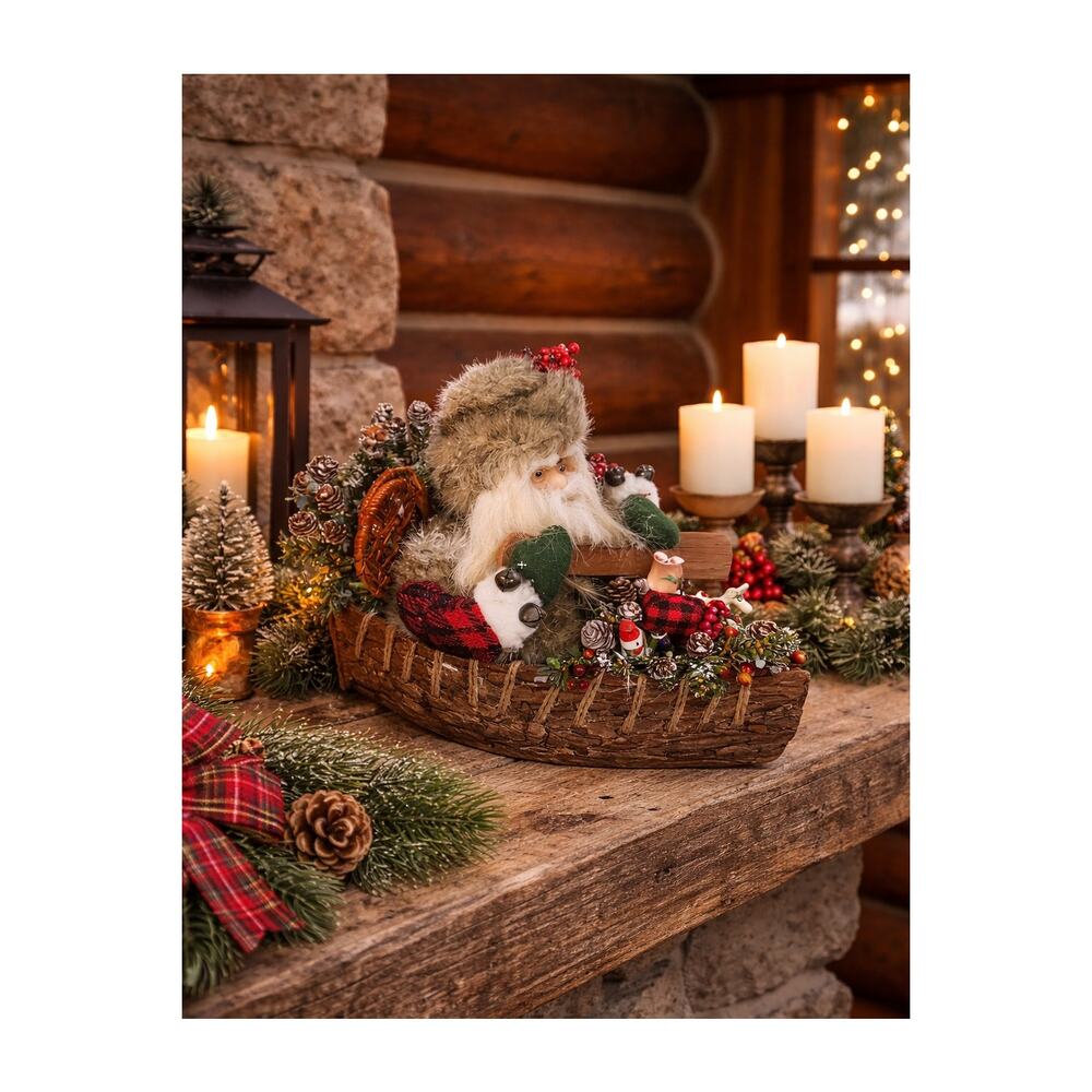 Rustic Canoeing Santa with Toys Tree Cabin Christmas Decor